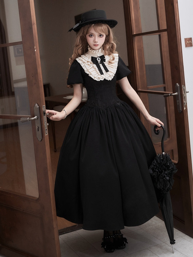 Beige Ruffled High Neck Collar + Bowtie + Detachable Pleated Cuffs