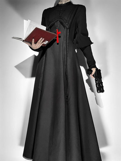 Embroidery Nun Halloween Sleeves Leg-of-Mutton Dress Black Outfits Lolita Cross