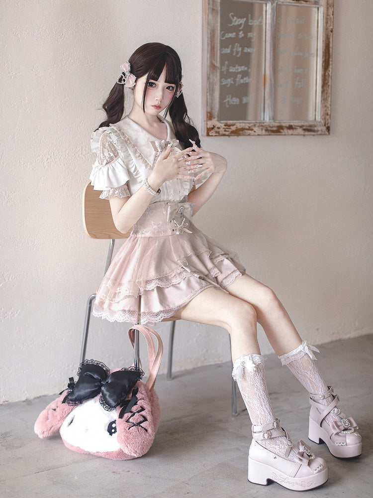 Landmine Style Pink & White Lace Cutout Shoulder Short Sleeve Blouse with Ruffle Details - Ekomi