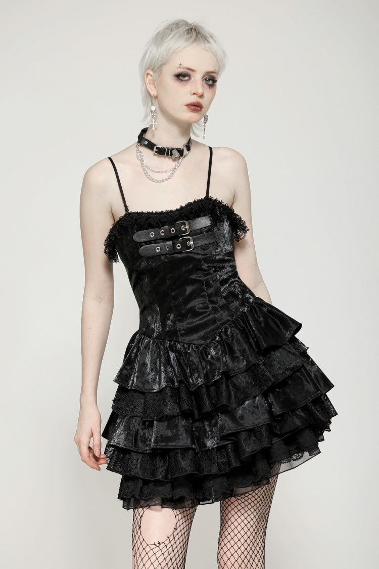 Black Sleeveless Ruffled Party Slip Dress Punk Graduation