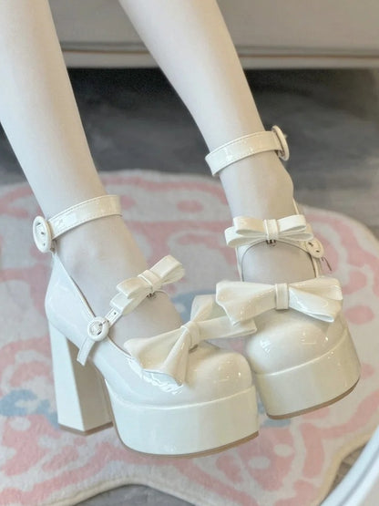 High Detachable Heel Elegant Mary with Lolita Bow - Buckle Circle White Janes Polished for Block