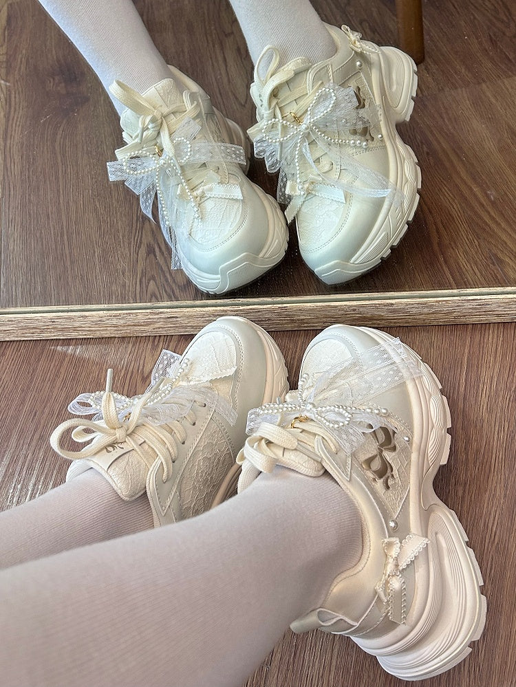 Bowknot Details Lace-up Front Ties White Beaded Decorated Sneakers