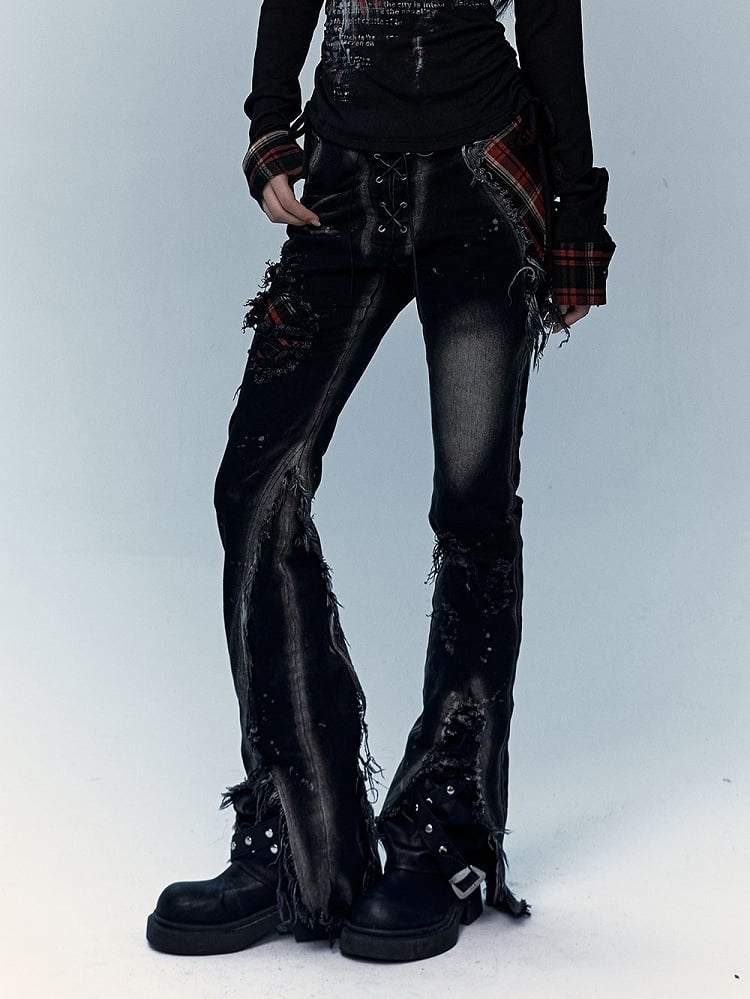 Straight-Leg Flare Black Punk Distressed Holes Jeans with Red Plaid Patchwork