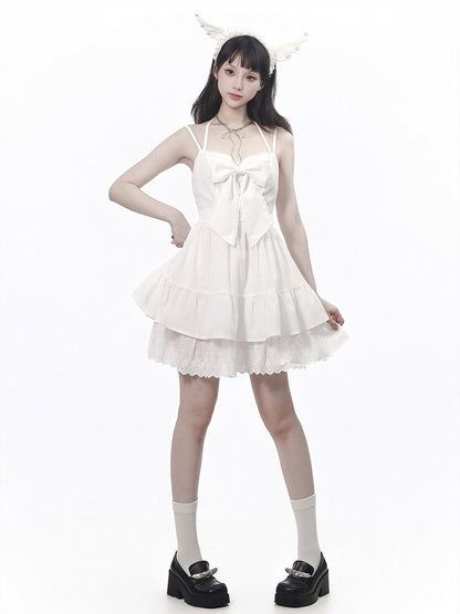 Ivory Halterneck Slip Dress with Lace Accents and Ribbon Knot - PINK SAVIOR