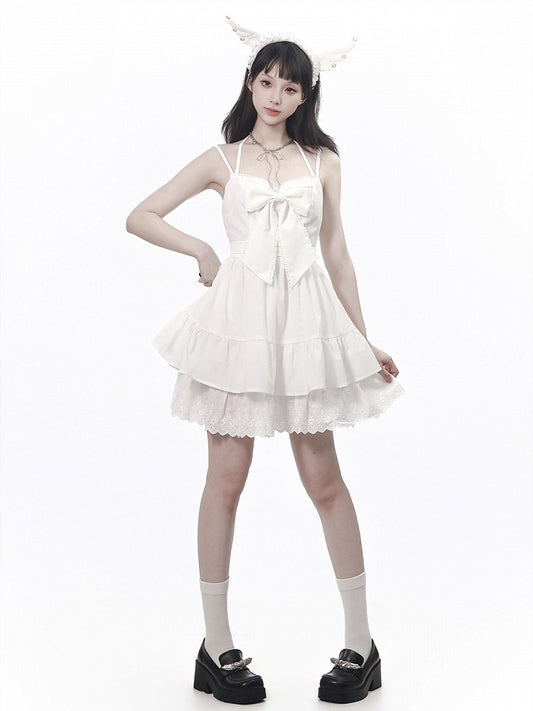 Ivory Halterneck Slip Dress with Lace Accents and Ribbon Knot - PINK SAVIOR