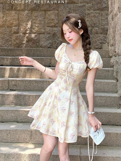 Yellow & Pink Floral Print Summer Holiday Dress - Qchiwawameme