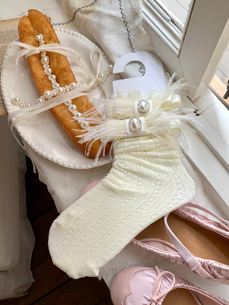 Decoration with Feather Socks White/Black Calf Ruffled Bowknot Creamy Lace