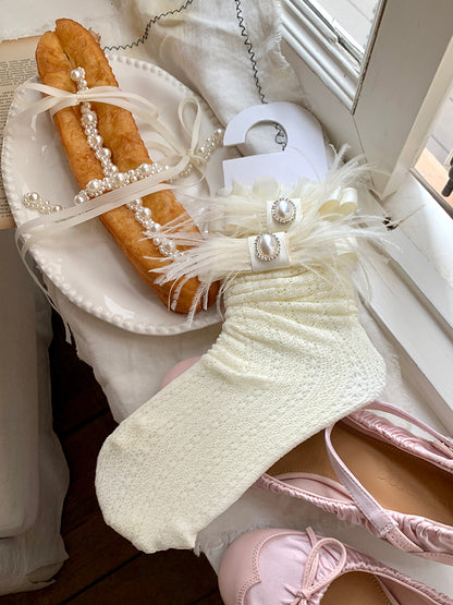 Decoration with Feather Socks White/Black Calf Ruffled Bowknot Creamy Lace