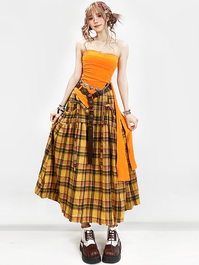 Y2K Tube Hem Decorated Top Asymmetrical Self-tie Strap Orange