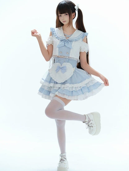Sky Blue Tiered Ruffle Skirt with Heart Apron - Puppet Bombs