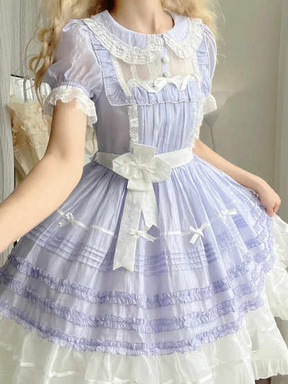 Ärmelkleid Lolita Peter Pan Kurz Weiß Lila und Kragen