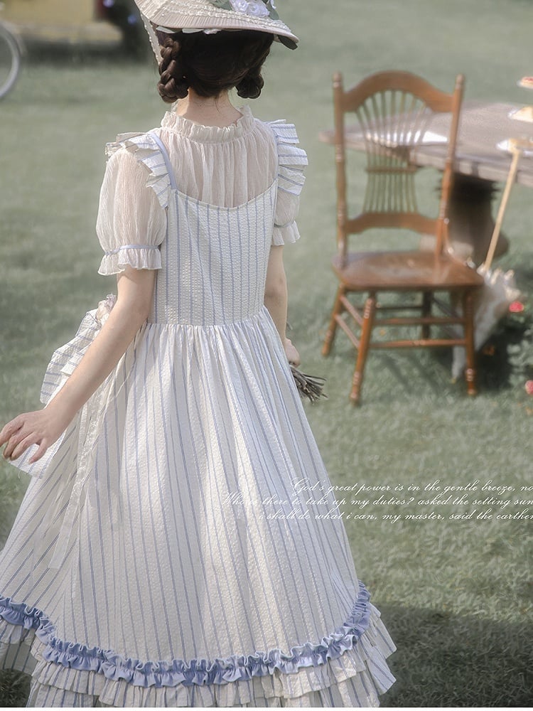 Waistbelt Flutter with Blue Striped Beige Sleeves and Dress