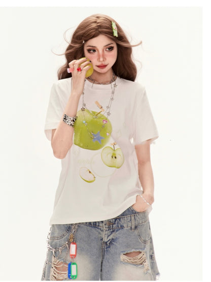 装飾Tシャツ グリーンアップルプリント ホワイト ラウンドネック ラインストーン