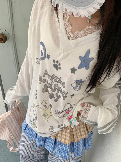 White/Blue Sheer Lace V-Neck Long Sleeve Top with Cartoon Print - Solkatt