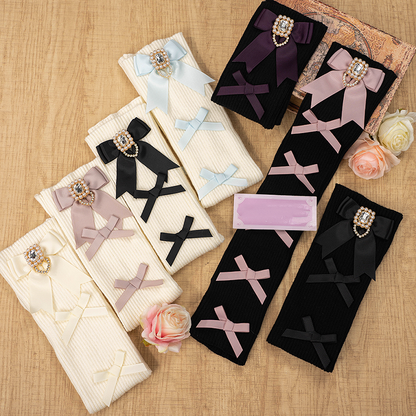 Jirai Gloves Square | Rhinestone Kei 4 Multiple Knit Fingerless Bows Colors