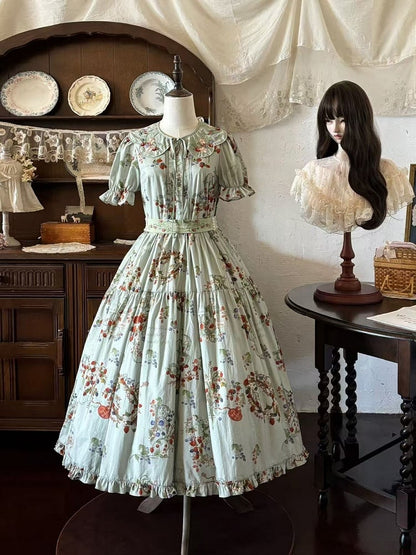 Green Berry-Themed Dress with Waist Belt and Collar Accessory - Zoncel