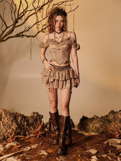 Brown Chiffon Tiered Ruffled Skirt with Lace and Shorts - Virtual Orbit