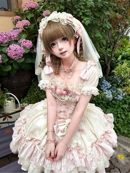 Ballet Pink Square Neck Puff Sleeve Lolita Dress with Roses - Rose Weaving Poetry