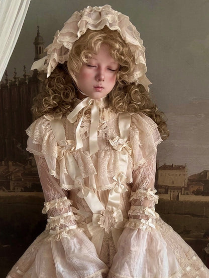 Retro Beige Lolita Lace Gown with Satin Ribbon Accents - Twin Bear Original Design