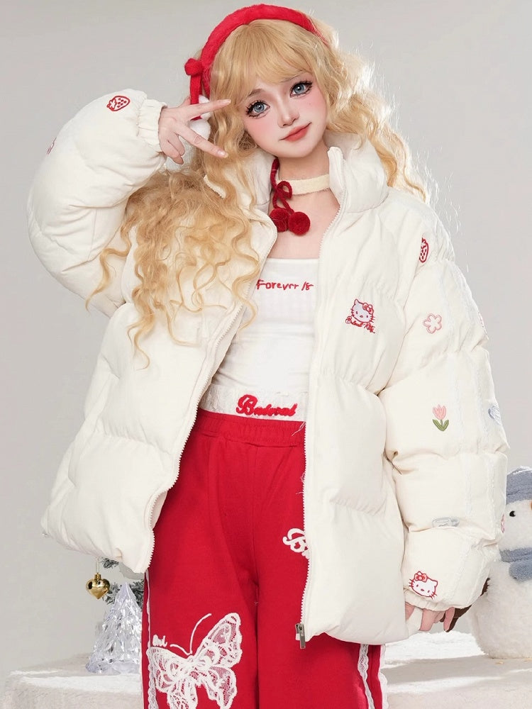 ホワイト/ピンクのキティ刺繍ハイネックパファージャケット