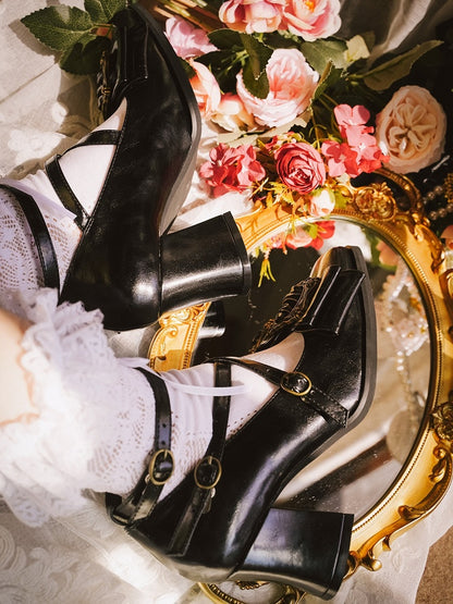 Schleife – PU-Oberteil, mittleres Bild, eleganter Zehenrahmen, Lolita-Vintage-Absätze in Schwarz bei Design Square