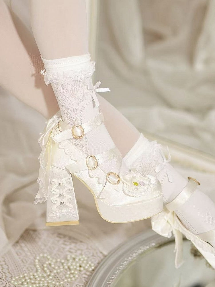 Apricot Sweet Lolita Heels, 11.5CM High Block Heel, Pearl & Shell Detail - Bad Bear