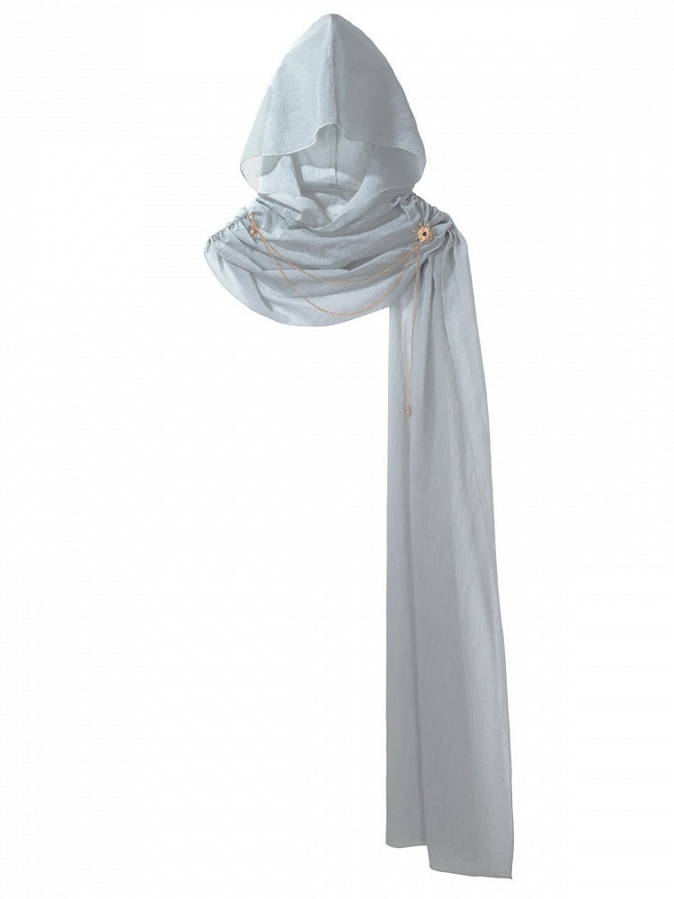 Hooded Sheer Shawl in Light Blue with Metal Chain Accent - Xiong Dou Jiang