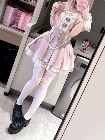 Chain Detachable Pink Skirt Round with Tiered Rhinestone Jirai and High Beaded Waist Kei Accents