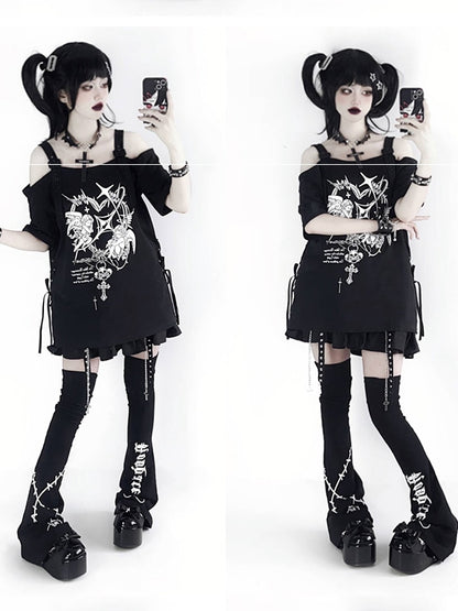 Black/White with T-shirt Gothic Off-Shoulder Choker Y2K Free Angel Heavenly