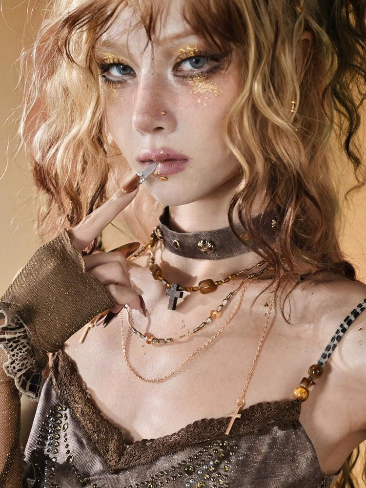 Braune Halskette mit Kreuzanhänger, Punk-Perlen-Halsband mit Ödland