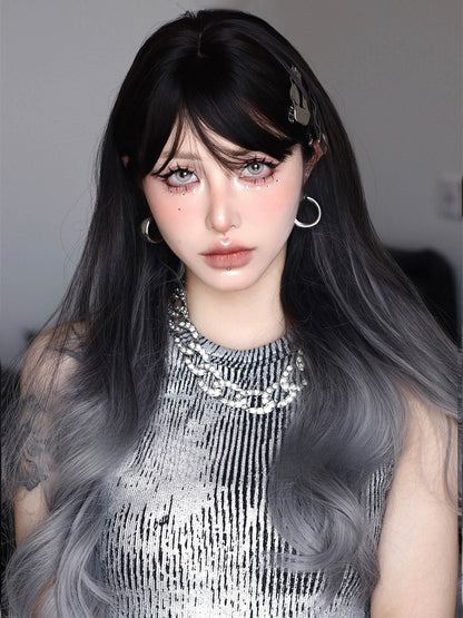 オンブレ丈、ウェーブ前髪ウィッグ ブラック 70cm グレー