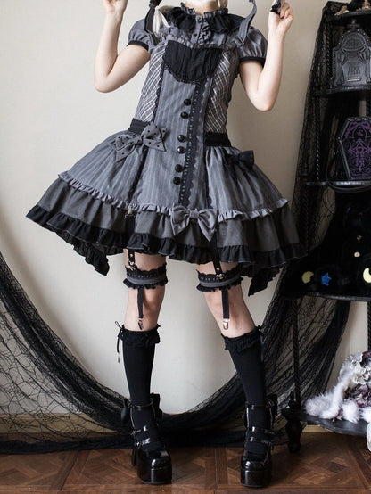 Abnehmbares Mieder, graue, dunkle Overall-Kapuze, kariertes Lolita-Ohren-Häschenkleid mit Muster