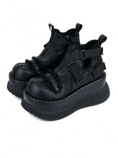 Shoes Stud Black Crisscross - Lace Platform Straps with Rock Details Punk Velcro Trim