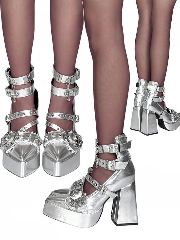 Gothic Silber Kreuz Herz Schnalle Riemen Nieten Plateau High Block Heels