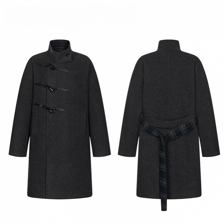 Overcoat Placket with Toggle Vintage Wool Gray Buttons Elegant Dark Blend Asymmetrical
