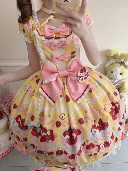 Kuchen süße süße Erdbeere ein Ärmel gelbes Kleid Lolita Stück Kurzdruck