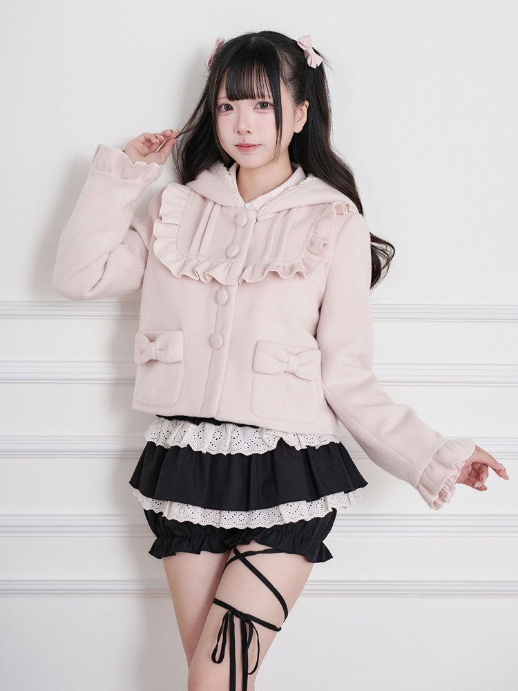 Ruffle-Trimmed Short Hooded Jacket in Pink Ryousangata Wool Blend - No Genki
