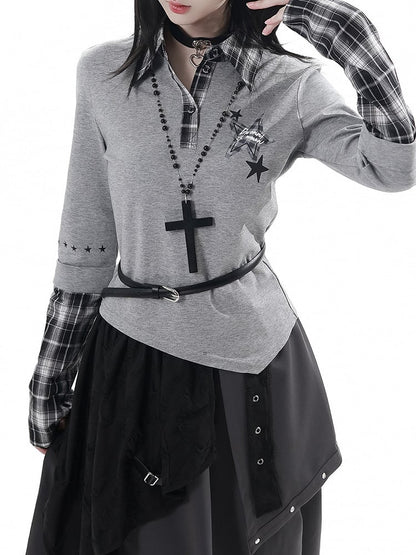 Collar Shirt Preppy Top Gray with Taste