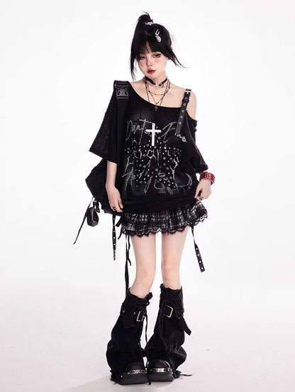 Y2K Schwarzes, asymmetrisches T-Shirt mit Sternträgern und Bittersüß