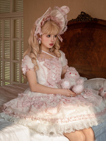 Herz Weiß Lolita Süße Applikation Hase und Stickerei Akzente Kleid Rosa Schleife