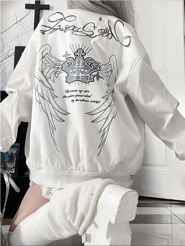 Jacketwith Baseball PrintStriped Gray Cuff Vintage Gothic White Crown+Wing