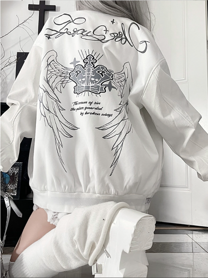 Jacketwith Baseball PrintStriped Gray Cuff Vintage Gothic White Crown+Wing