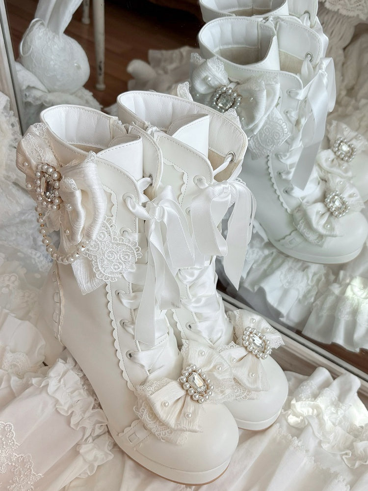 White Sweet Lolita Boots with Elegant Lacing - Sheep Puff