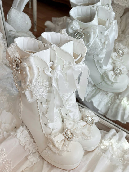 White Sweet Lolita Boots with Elegant Lacing - Sheep Puff