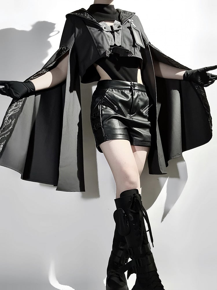 - Size XL Shorts Bodysuit Outfit Ouji Jacket Techwear Black Overlong + Exclusive Sleeves Cropped Leather Lolita Futuristic