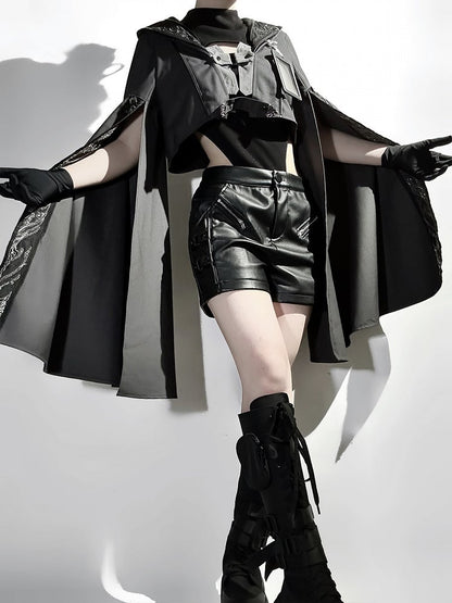 Ärmel XL Überlang Ouji Bodysuit Größe Leder Exklusiv + Futuristische Shorts Outfit Techwear Schwarze Jacke Cropped Lolita -