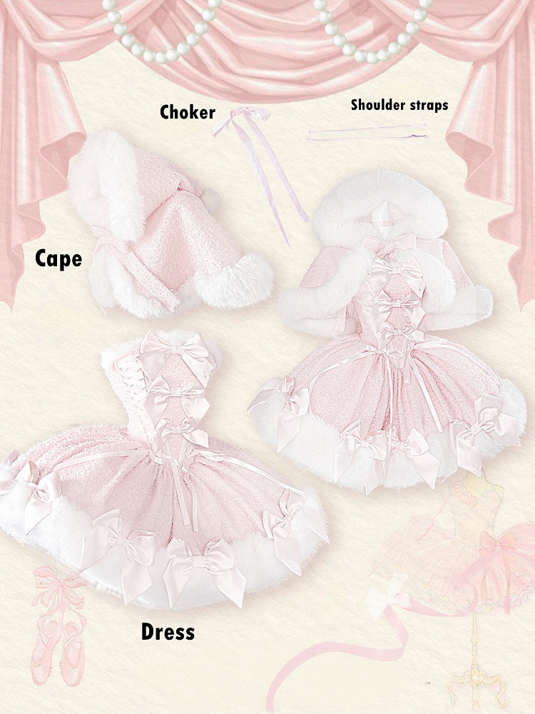 Pink Bow-Embellished Plush Neckline and Hem Boned Dress with Cape Set - POSHEPOSE