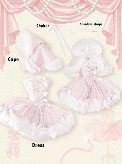 Pink Bow-Embellished Plush Neckline and Hem Boned Dress with Cape Set - POSHEPOSE