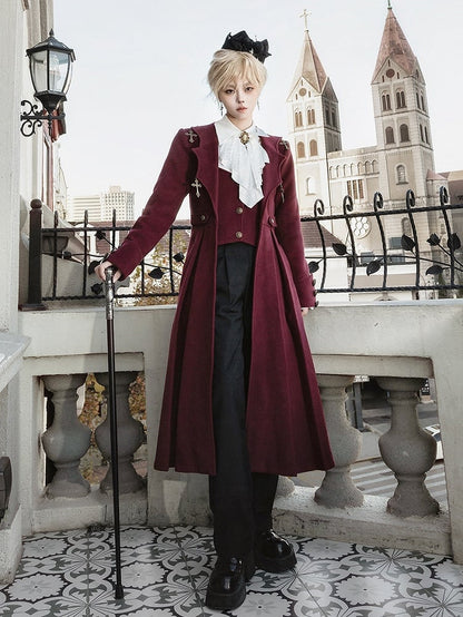 + Wings Shirt Red Collar Sleeves Black Waist High Pants Ouji Coat Cross Long Charms Bat Lolita White