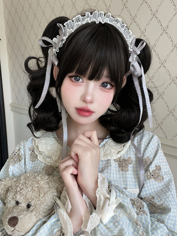 ブラックティーショートボブカット合成ウィッグ、ダブルポニーテールクロークリップ付き